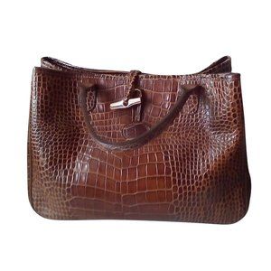 Longchamp Brown Leather Roseau Croc Tote Bag